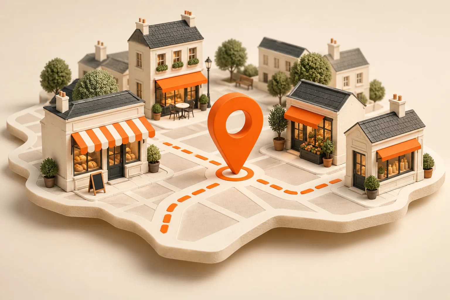 Quartier miniature avec des commerces et un repère orange pour cibler une zone de prospection.